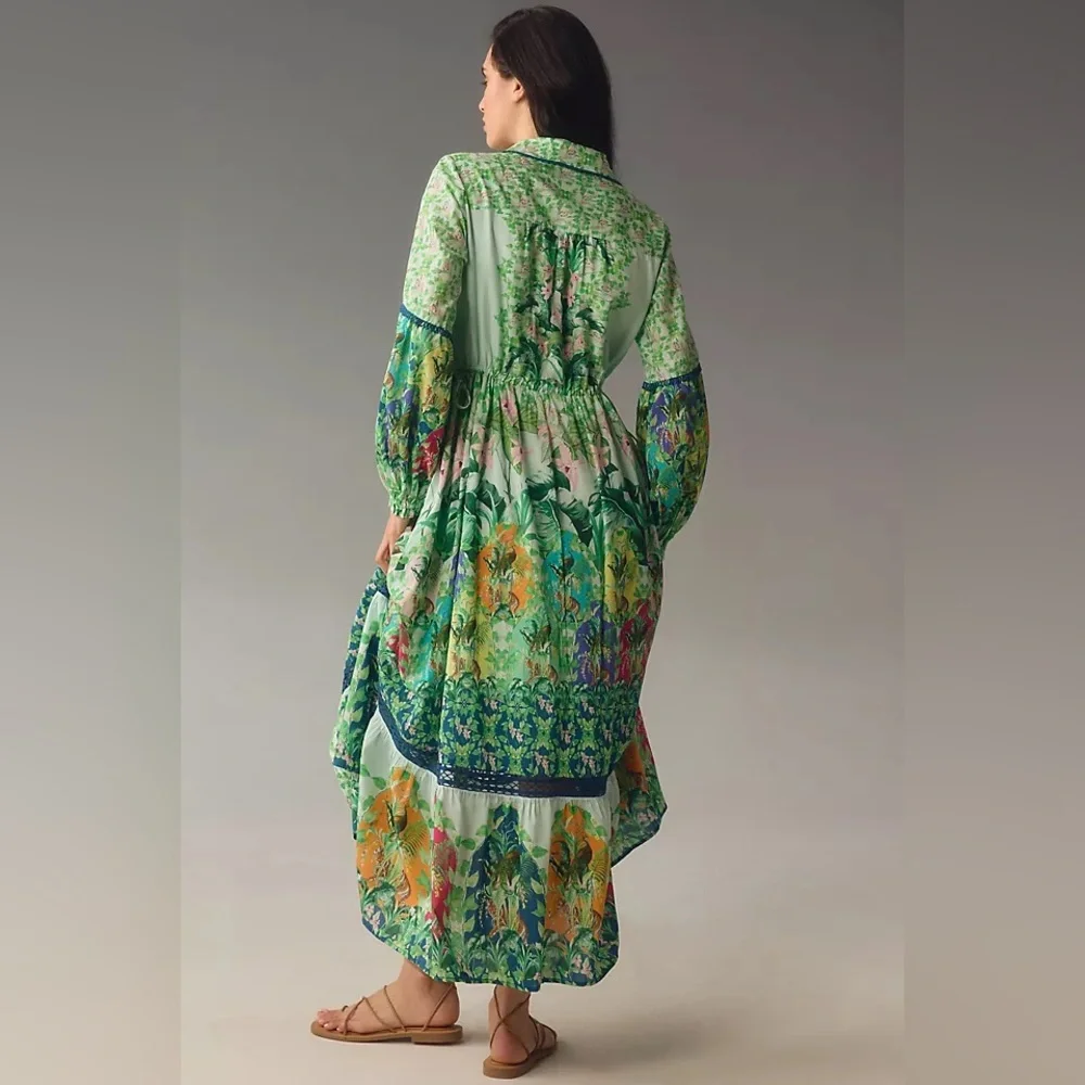 Anthropologie Eleanora Long Sleeve Maxi Shirt Dress Green Tropical Print XL NWT - Picture 4 of 4